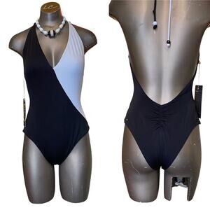victorias secret black and white swimsuit low back ruched colorblock halter med